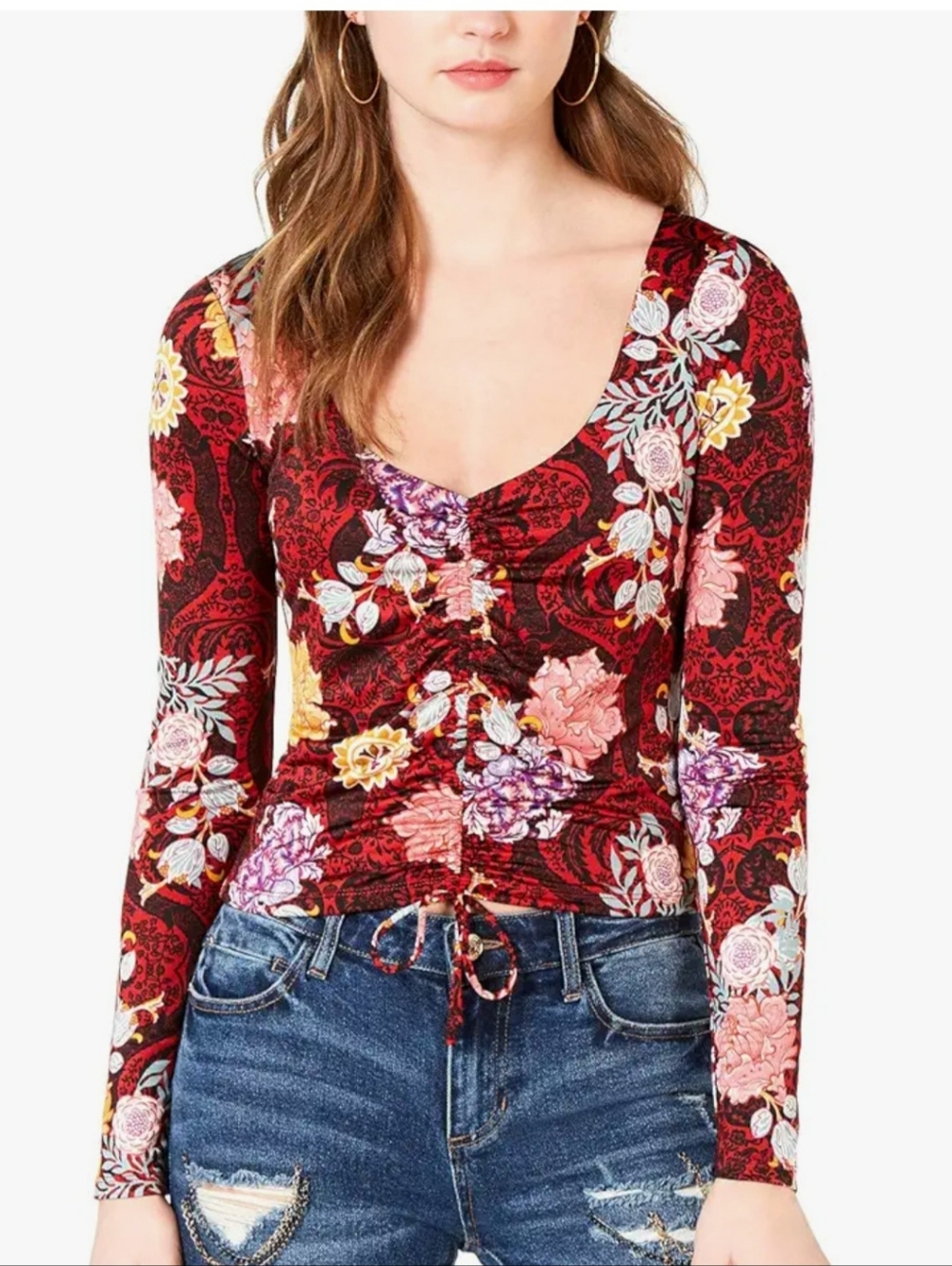 Guess Women's Long Sleeve Mikah Ruched Top, Elysian Floral